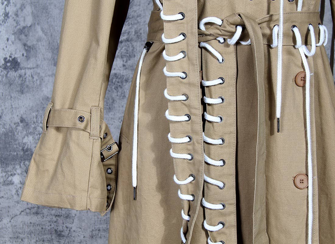 CT038 Street-Style Cape Jacket - Drawstring Design: Khaki / English / M