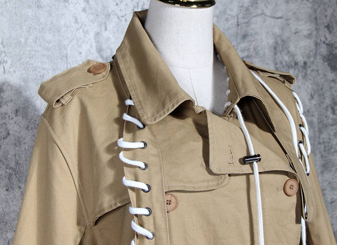 CT038 Street-Style Cape Jacket - Drawstring Design: Khaki / English / M