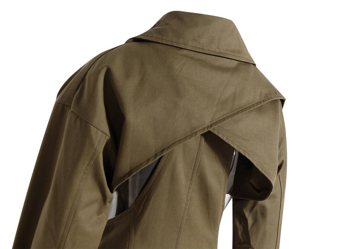 CT019 Women's Hollow Waist Belted Long Wind Breaker: Khaki / English / L