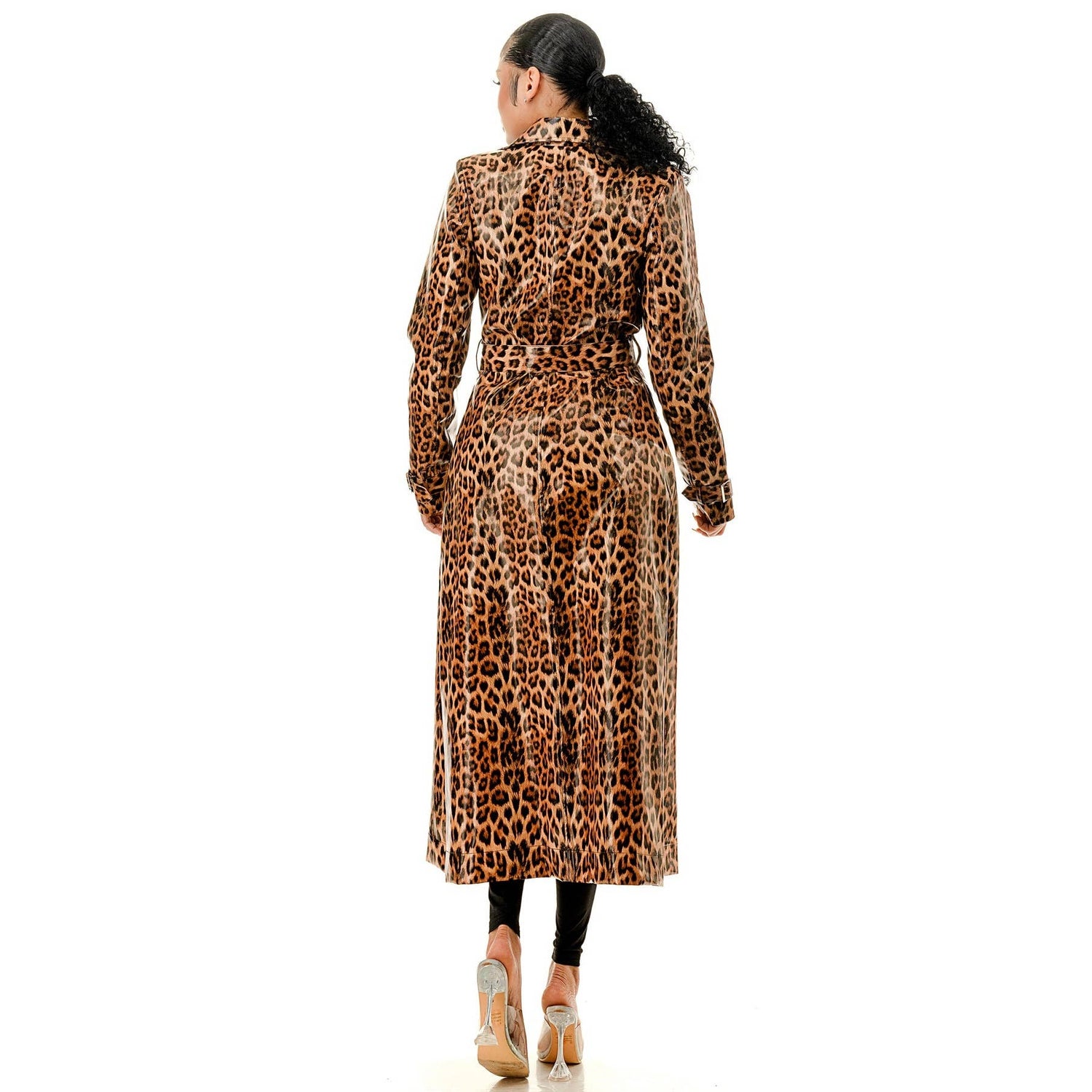 PU COLLAR WAIST TIE BLAZER TRENCH COAT: BROWN