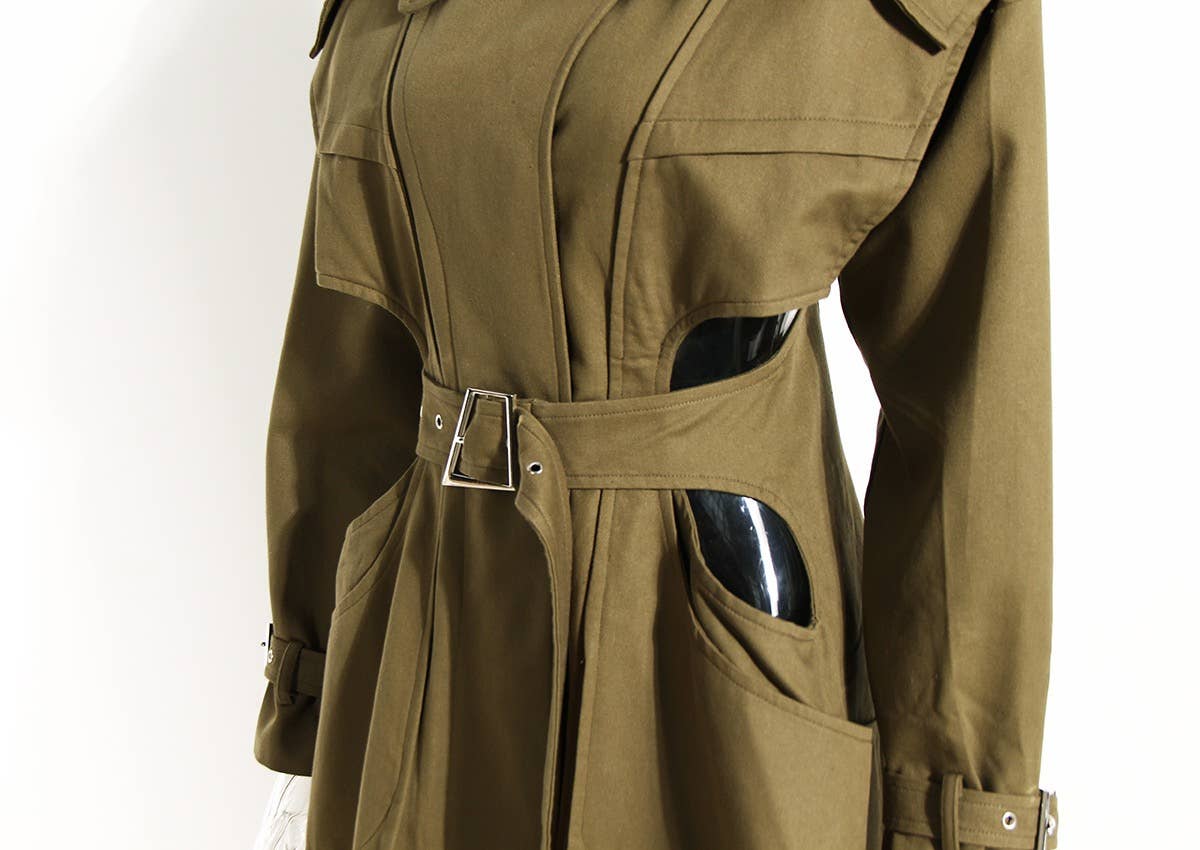 CT019 Women's Hollow Waist Belted Long Wind Breaker: Khaki / English / L