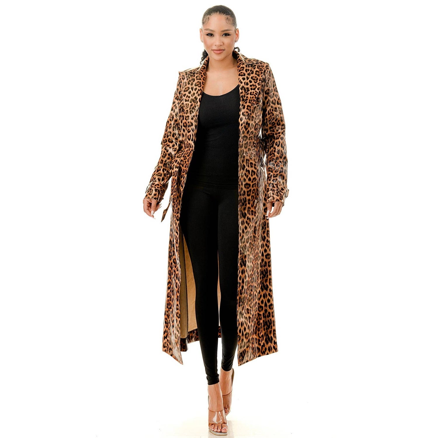 PU COLLAR WAIST TIE BLAZER TRENCH COAT: BROWN