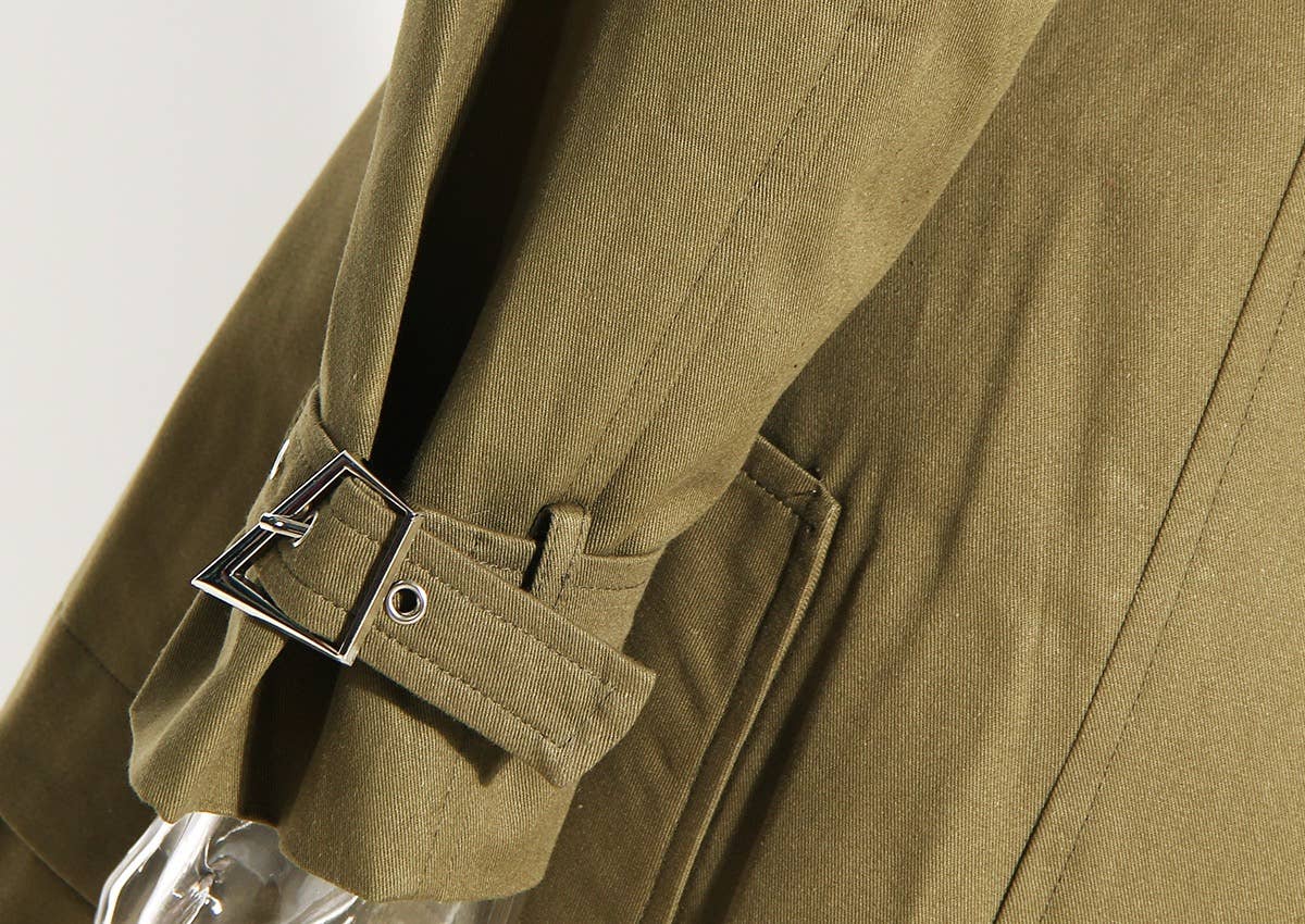 CT019 Women's Hollow Waist Belted Long Wind Breaker: Khaki / English / L