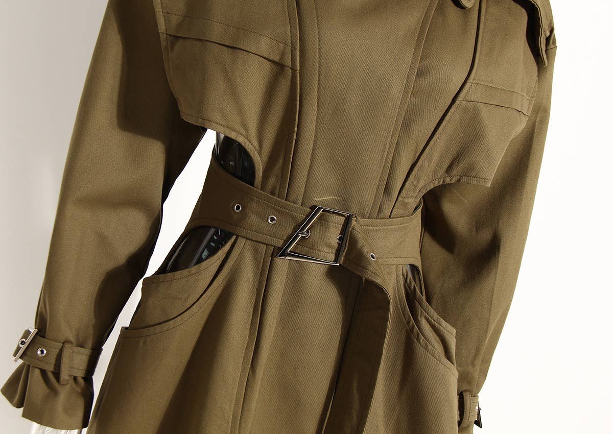 CT019 Women's Hollow Waist Belted Long Wind Breaker: Khaki / English / L