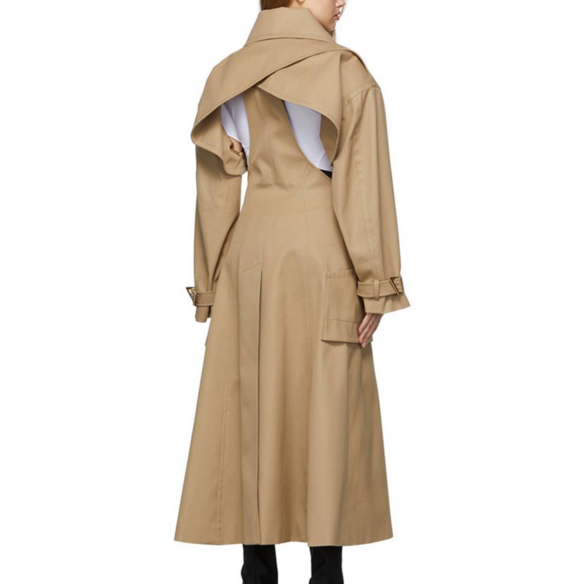 CT019 Women's Hollow Waist Belted Long Wind Breaker: Khaki / English / L
