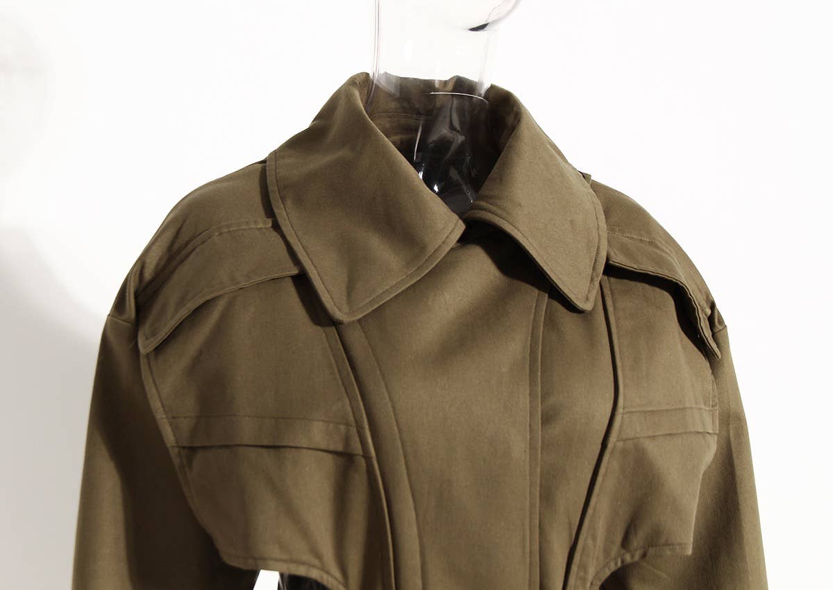 CT019 Women's Hollow Waist Belted Long Wind Breaker: Khaki / English / L
