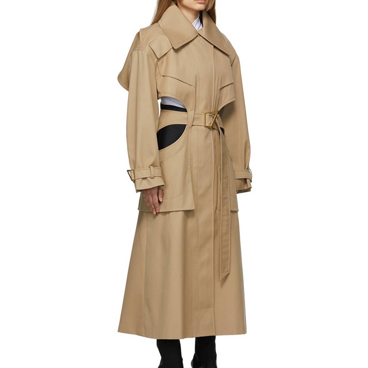 CT019 Women's Hollow Waist Belted Long Wind Breaker: Khaki / English / L