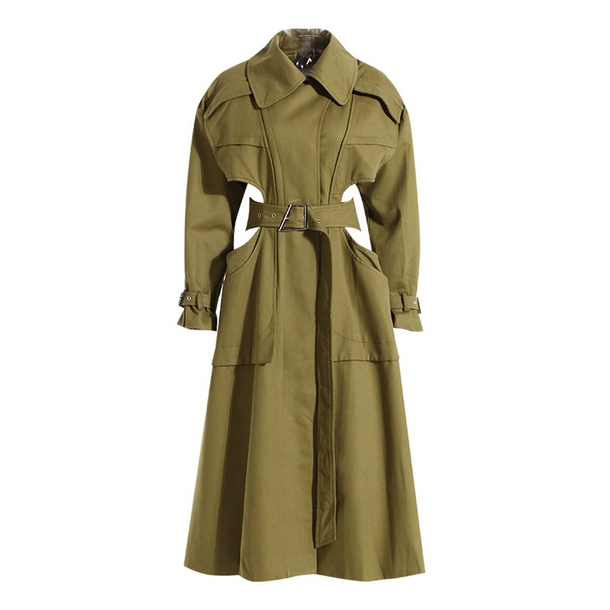 CT019 Women's Hollow Waist Belted Long Wind Breaker: Khaki / English / L