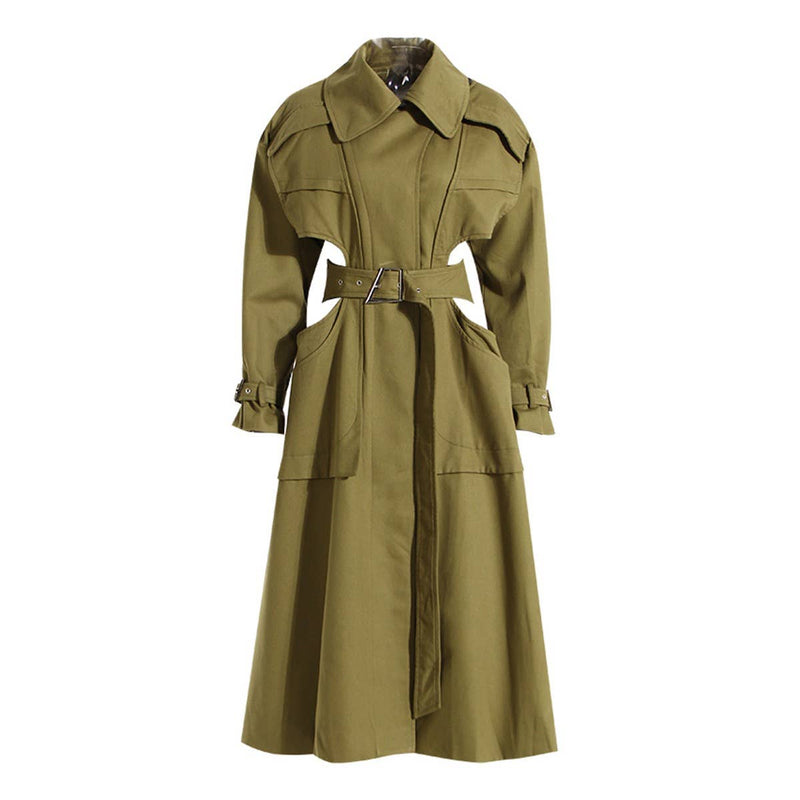 CT019 Women's Hollow Waist Belted Long Wind Breaker: Khaki / English / L