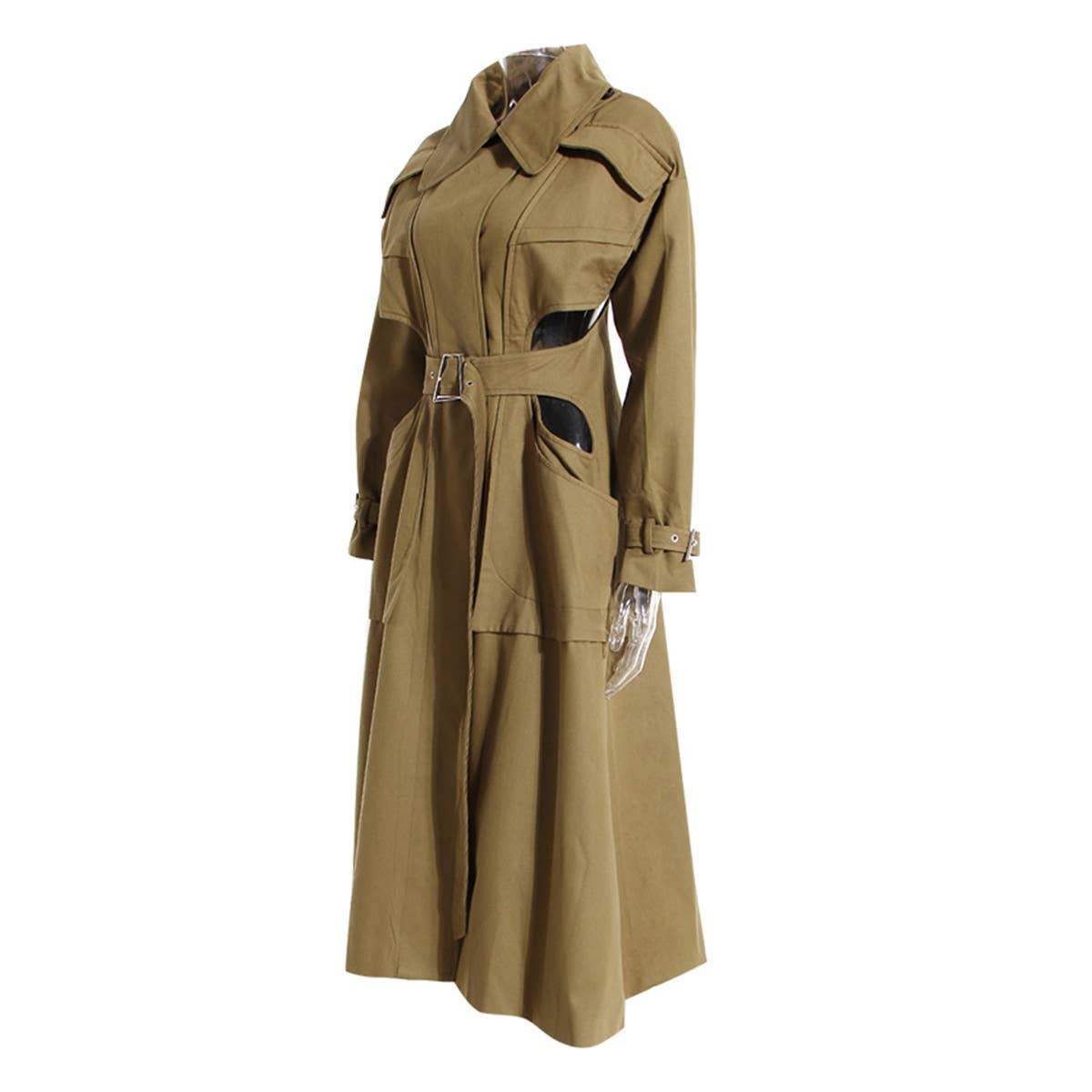 CT019 Women's Hollow Waist Belted Long Wind Breaker: Khaki / English / L